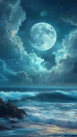 Moonlit waves under dreamy celestial night sky.