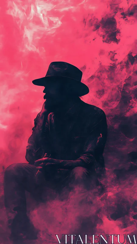 Mystery draped cowboy resting in glowing pink smoke.