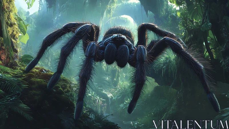 Giant tarantula strides through misty emerald jungle light