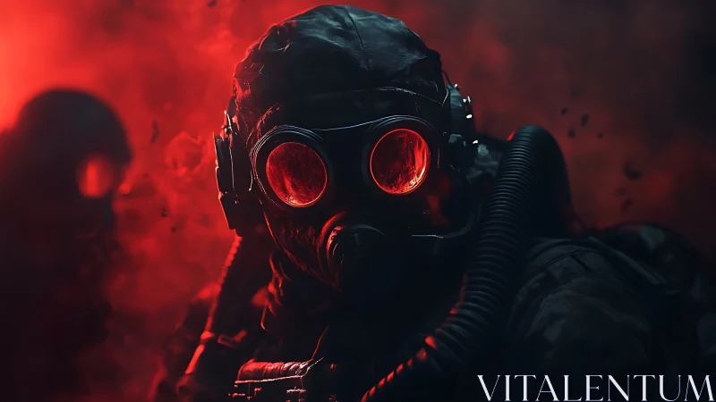 Tactical operator in gas mask with red backlit respirator optics