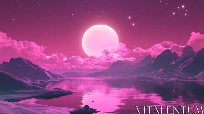 Dreamy pink moonrise bathes alien mountains in soft light