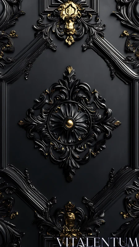 Black baroque wall panel with ornate gold floral reliefs.