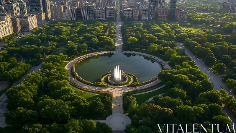 Circular city fountain anchors lush urban park symmetry