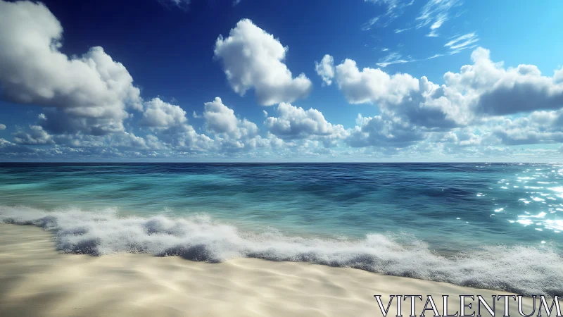 Sunny tropical shoreline with waves and bright clouds.