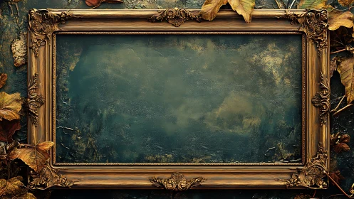 Ornate empty gold frame surrounds moody teal textured ground