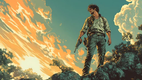 Sunset gunslinger stands on rocky ridge under blazing sky.
