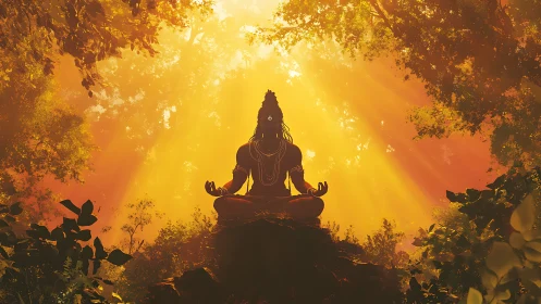 Digital painting of meditative deity in radiant forest glow.