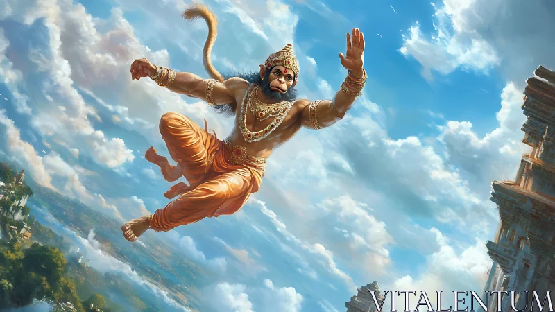 Hanuman skyward leap over temples in vivid divine light.