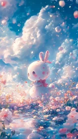 Gentle bunny snow-creature strolls through dreamy spring meadow