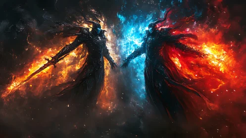 Two armored figures stand amid opposing blue and red flames