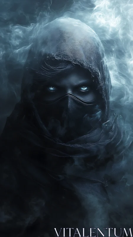 Hooded masked figure with glowing eyes emerges from smoke