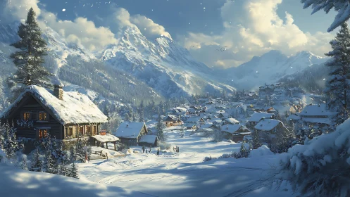 Snowlit mountain village cradled in golden cabin glow.