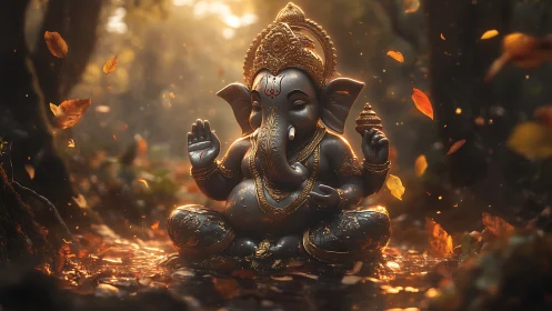 Golden Ganesha statue rests peacefully in a glowing forest