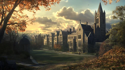 Autumn light over historic stone university campus lawn.