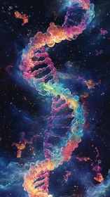 Helical DNA strand rendered in multicolor cosmic environment.