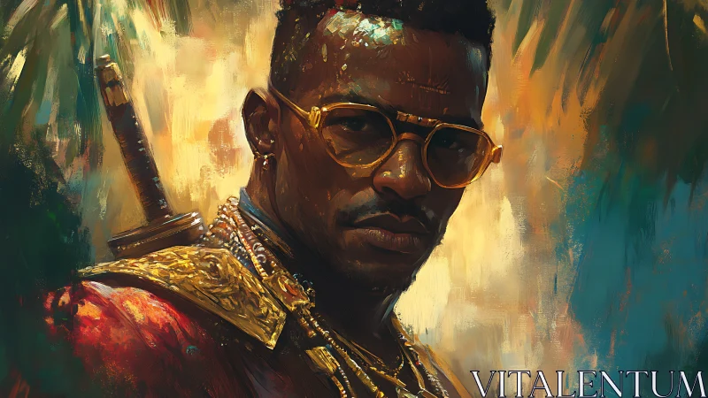 Warrior portrait shows modern hero with golden armor