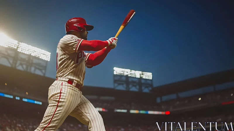 Right-handed baseball hitter swings under stadium floodlights
