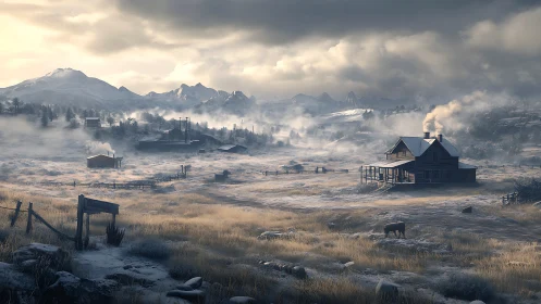 Snow-dusted ranch valley rests beneath dramatic winter sky.
