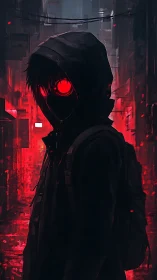 Mysterious hooded wanderer glowing in neon red night.