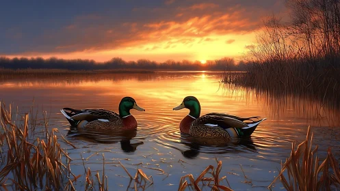 Mallard pair glides across reflective marsh at vivid sunset