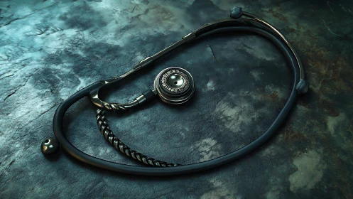 High-contrast 3D render of braided-tube stethoscope on patina steel
