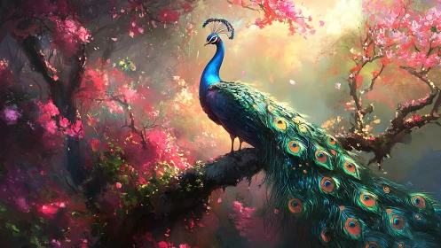 Peacock stands on tree branch within dense flowering forest