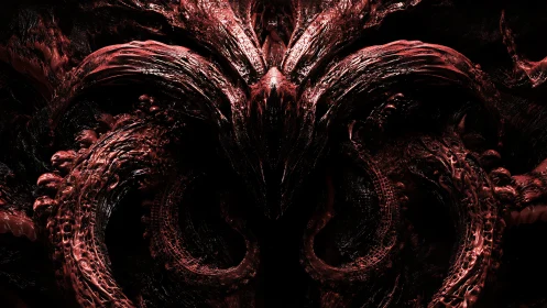 Sinister crimson demon visage emerges from writhing darkness