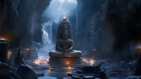 Cave-born Buddha glows in misty waterfall sanctuary.