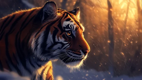 Gentle tiger in glowing winter forest evening light.