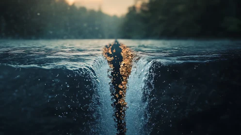 Rendered river surface splits into a central vertical waterfall