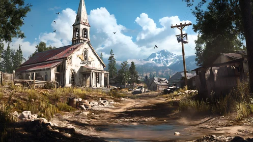 Weathered rural church beside muddy road under alpine sky
