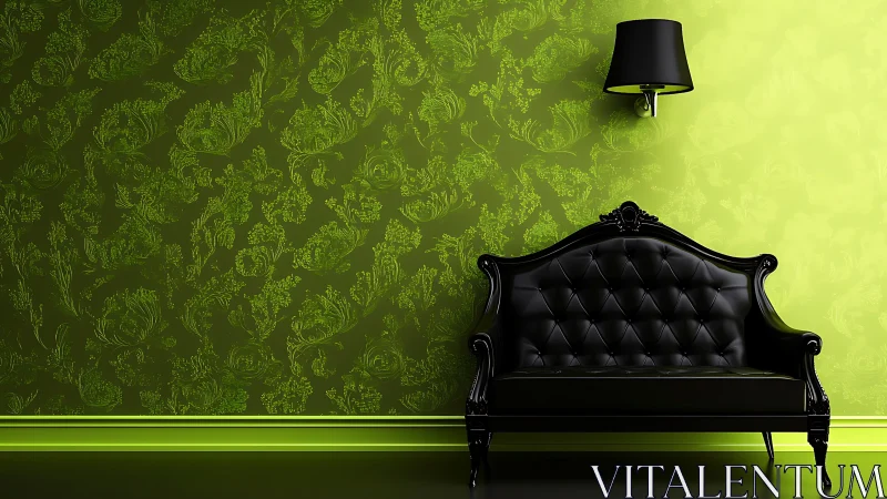 Elegant black sofa rests against vivid lime floral wall