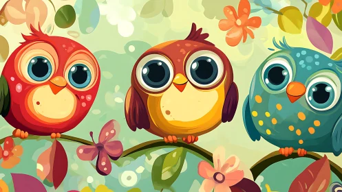 Three Cute Cartoon Owls on a Branch in Colorful Spring Setting.