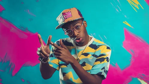 Playful street portrait in bold teal and magenta backdrop.