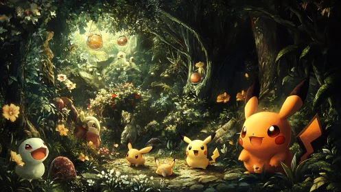 Joyful Pikachu friends brighten a magical forest pathway