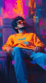 Neon-lit portrait of relaxed man in chair with vivid strokes.