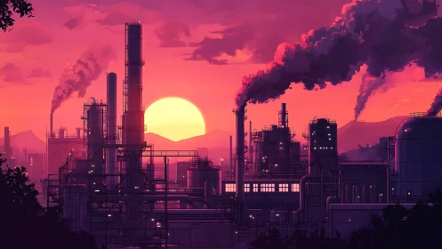 Industrial refinery skyline under vivid magenta sunset glow.