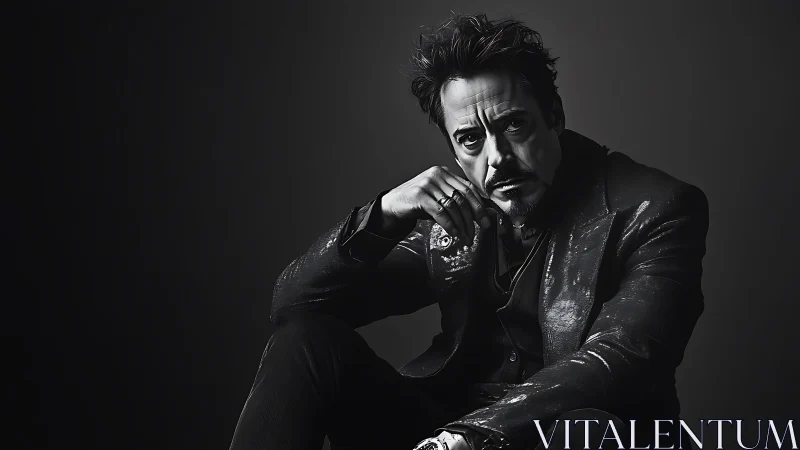 Moody monochrome seated portrait with dramatic side lighting.