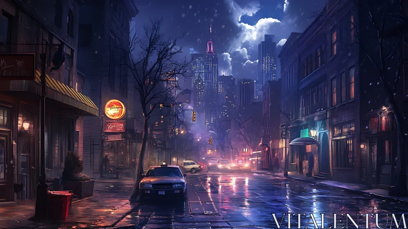 Rainy neon city street at night with distant skyline.