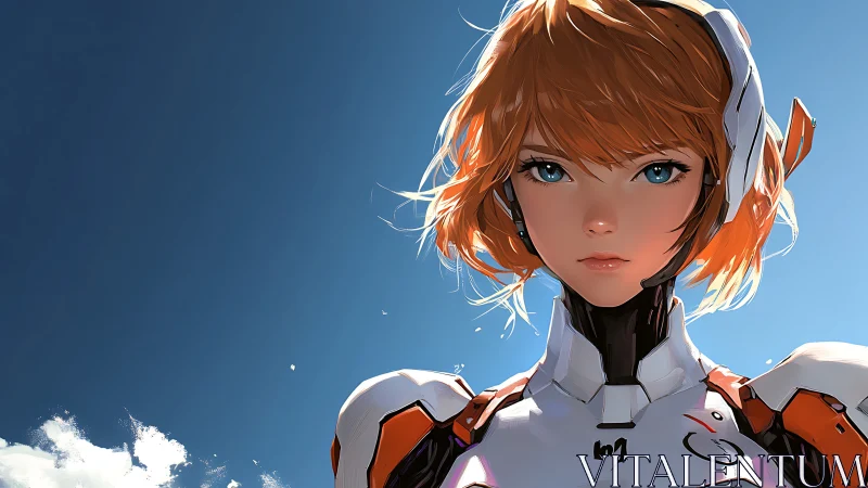 Red haired anime pilot in white orange sci fi armor suit