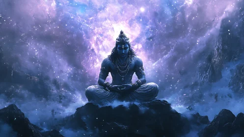 Figure in meditative posture on rocky peak amid nebula field.