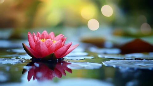 Red water lily in shallow pond with reflective surface.