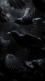 Flock of dark crows in flight against shadowed background.