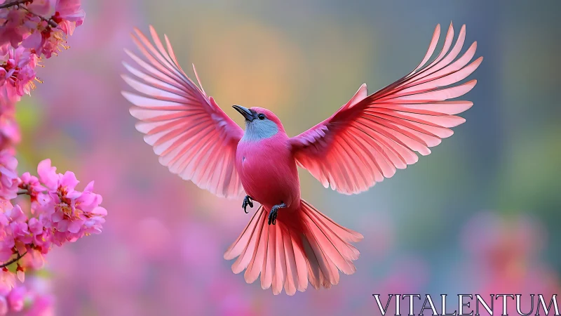Vibrant pink bird in flight near cherry blossoms, digital art style.