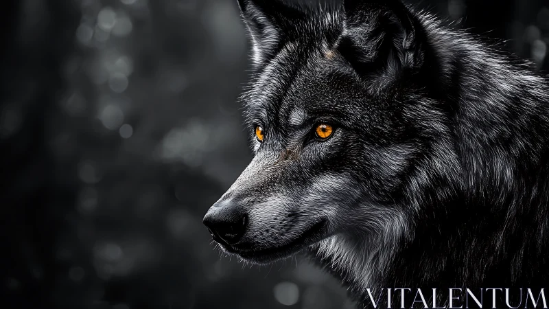 Grey wolf portrait with intense amber eyes in dark forest