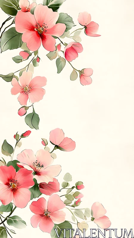 Pink Flowering Botanical Branch Study with Green Foliage