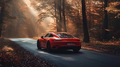 Red sports coupe drives through sunlit autumn forest road