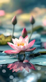 Photorealistic lotus macro with reflective water surface focus.