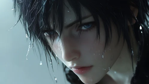 Rain-soaked gaze sharpens into a storm of quiet resolve