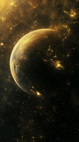 Golden lit planet in dense star field viewed from space.